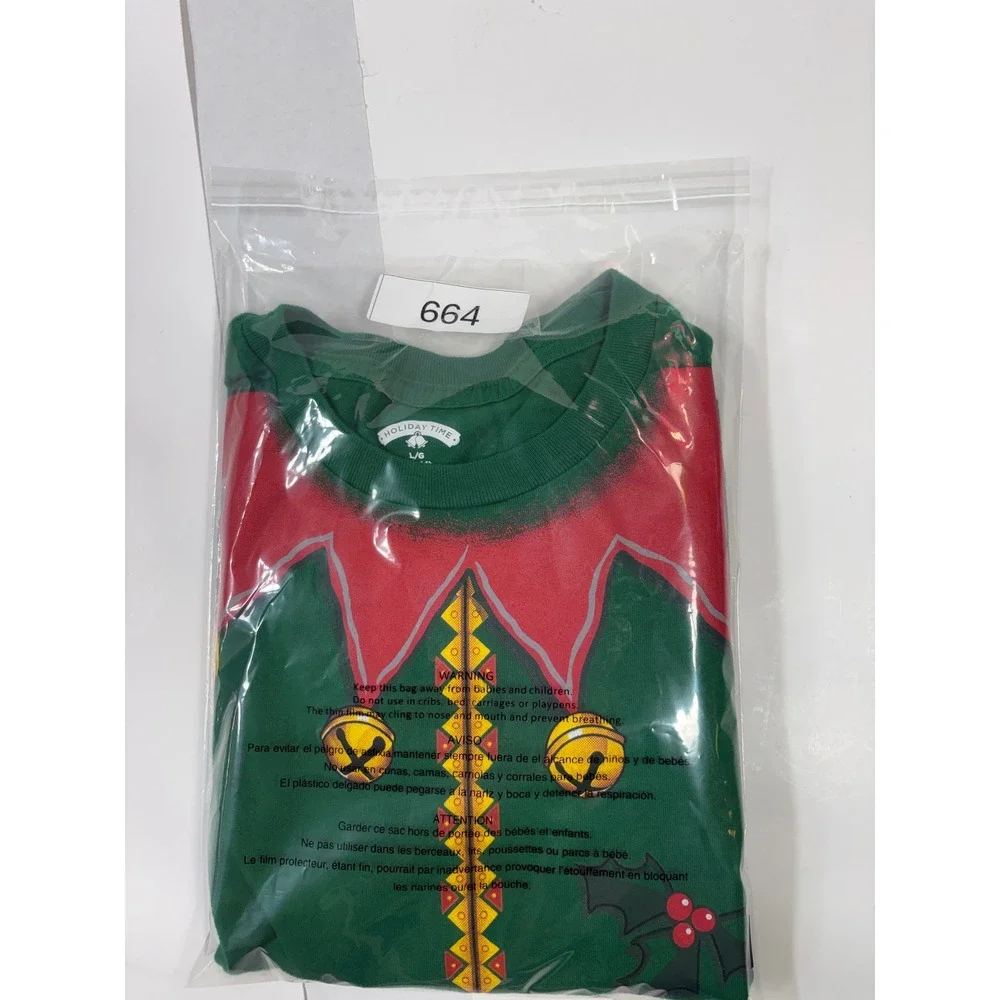Holiday Time Elf Costume T-Shirt Mens Large Green Christmas Graphic Tee Novelty